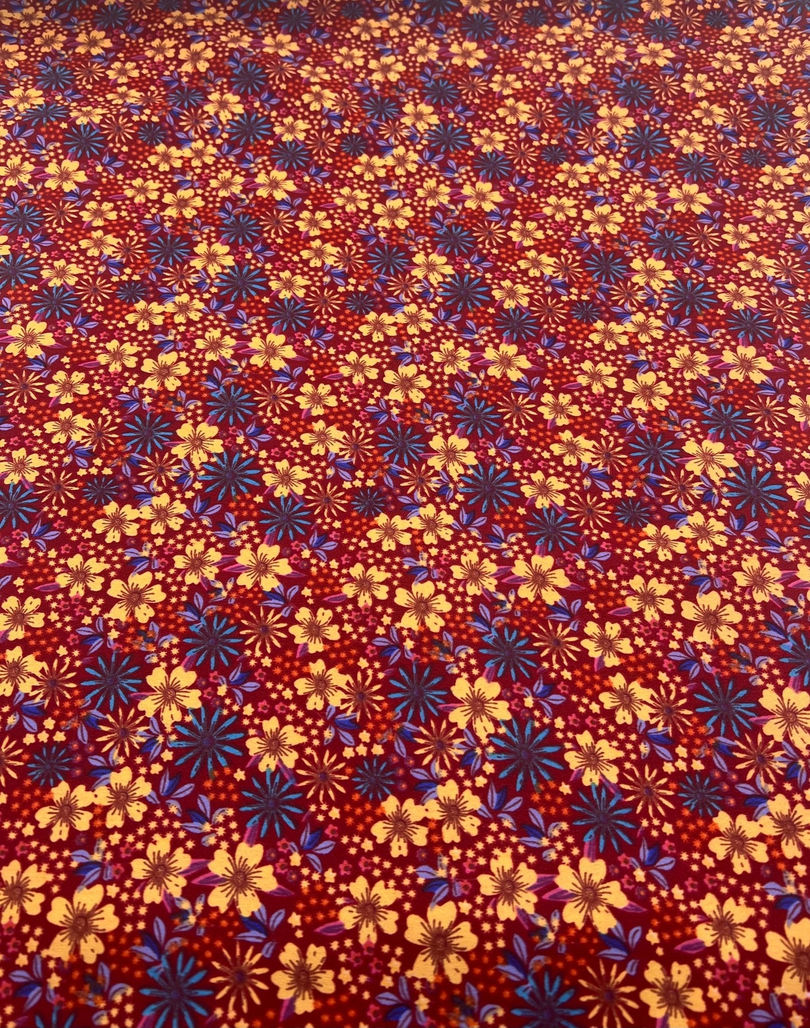 Burgundy Red Blue Floral Lightweight Non Stretch Woven Fabric - T9 Fabrics